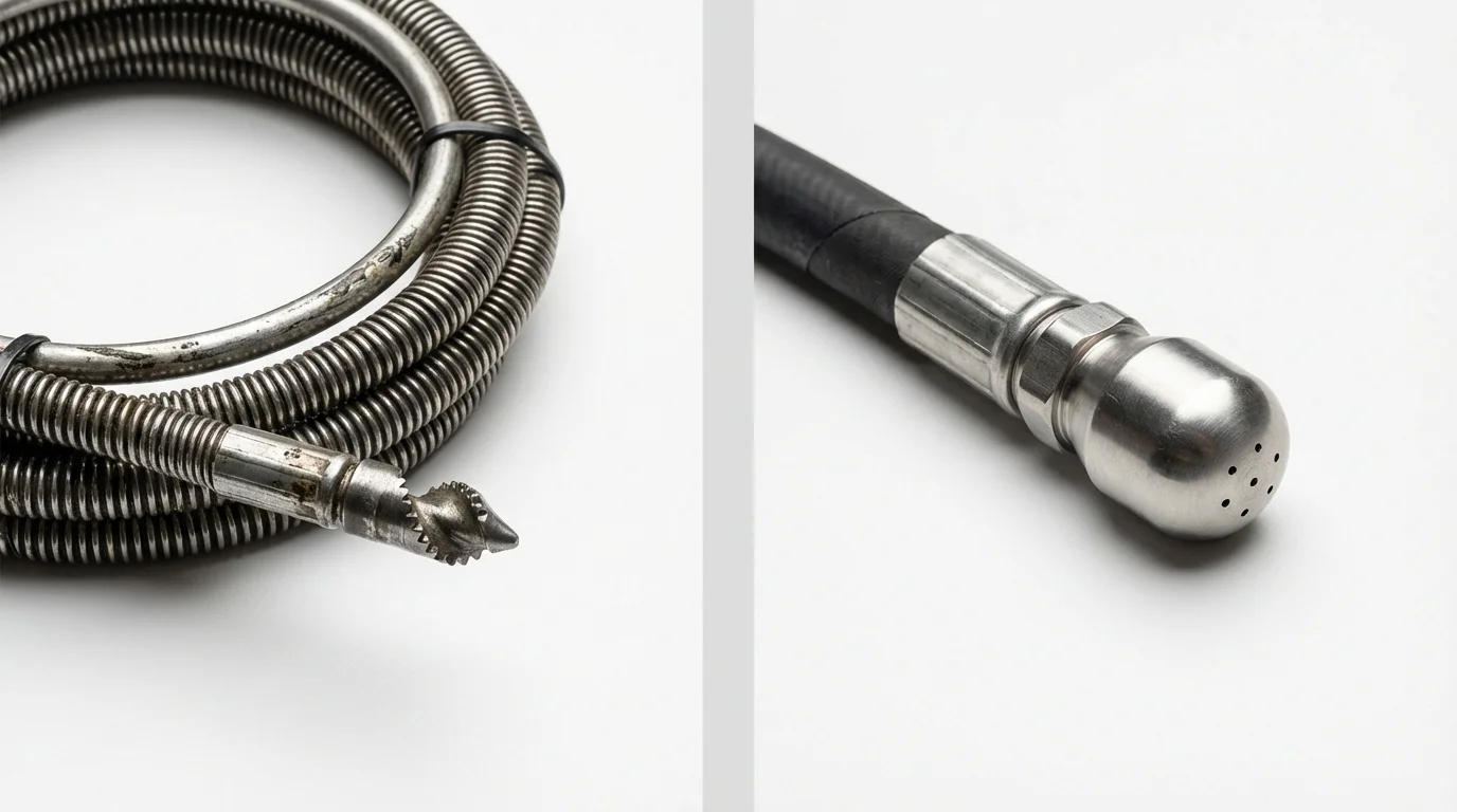 Drain snake cable and hydro jetting nozzle used for drain cleaning in East Hampton, NY