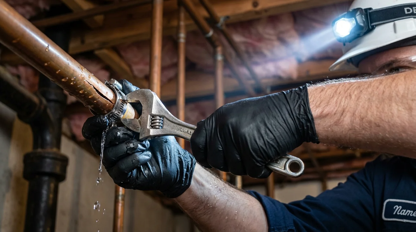 Emergency pipe clamp repair being performed by a Johns Plumbing LLC plumber in East Hampton