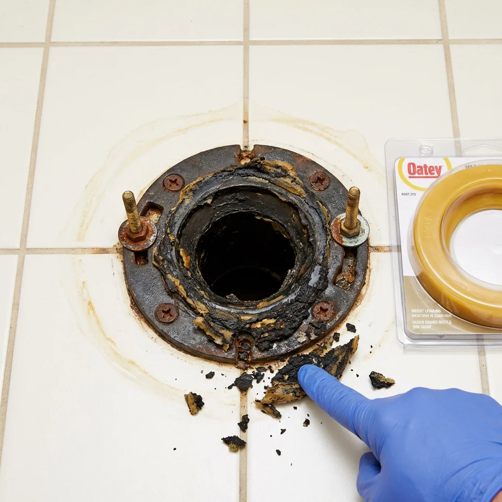 Failed wax ring showing water seepage at the base of a toilet in a East Hampton, NY home
